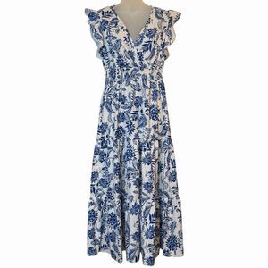 Cottagecore Maxi Dress Womens Large Blue Floral Ruffle Sunday Picnic Dress 🌼